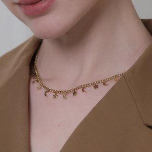 NEW 18K Gold Plated Moon Star Link Chain Necklace